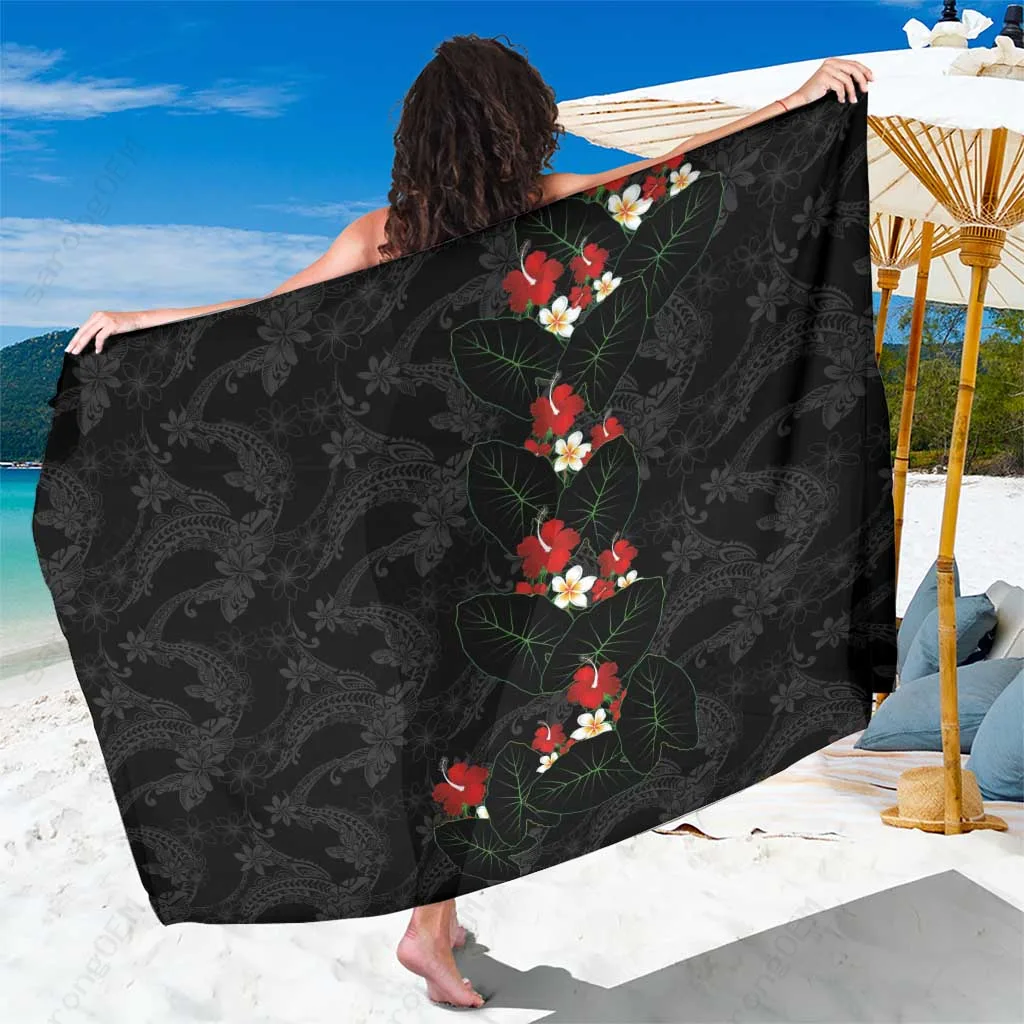 Black Hawaiian Taro Leaves Hibiscus & Plumeria Floral Tribal Sarong Beach Wrap Summer Island Resort Pareo Wholesale - main view