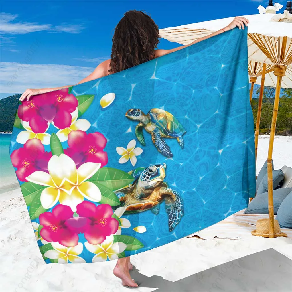 Blue Hawaiian Tropical Flower & Honu Turtle Print Sarong Polynesian Beach Wrap Wholesale Pareo - main view