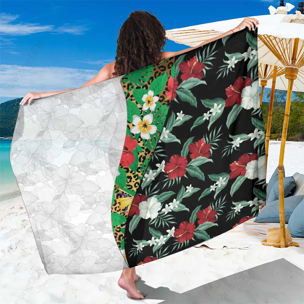 Black Hawaiian Tropical Flowers Leaves Leopard Half Style Print Sarong Beach Wrap Polynesian Island Pareo Wholesale - main view