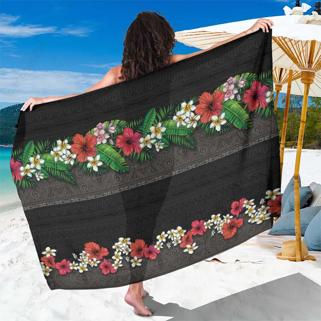 Black Tropical Flowers & Tribal Polynesian Tattoo Print Sarong Hawaiian Beach Wrap Cover Up Wholesale Pareo - main view