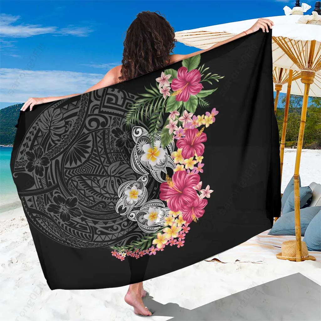 Black Hawaiian Tropical Flowers Tribal Turtles Sarong Polynesian Beach Wrap Cover Up Wholesale Pareo - main view