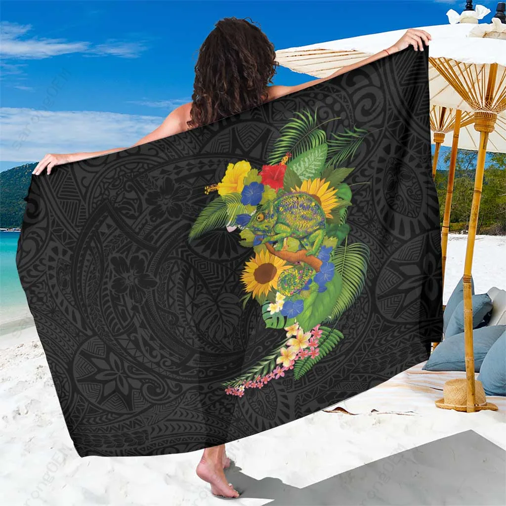 Green Tropical Plants & Chameleon Print Sarong Polynesian Hawaiian Beach Wrap Cover Up Wholesale Pareo - main view