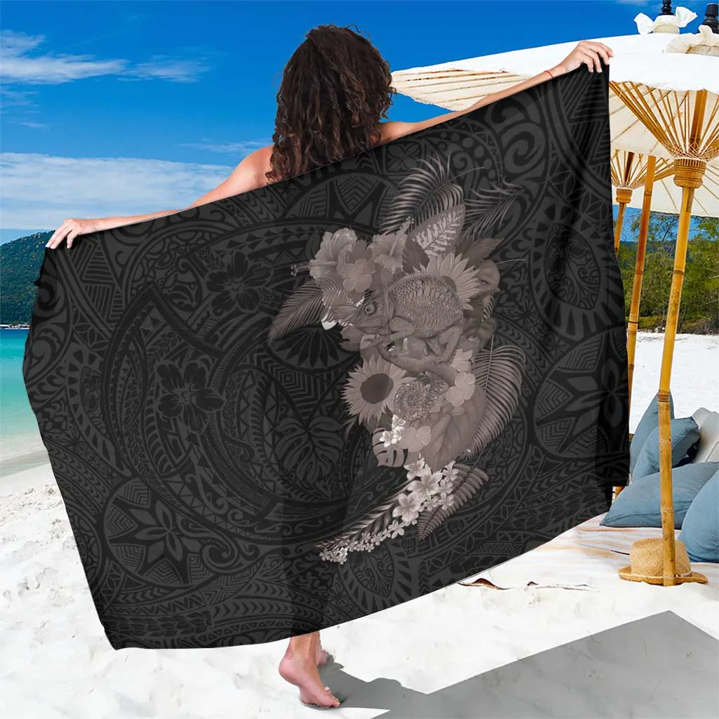 Gray Hawaiian Tropical Plants & Chameleon Print Sarong Polynesian Art Beach Wrap Wholesale Pareo - main view