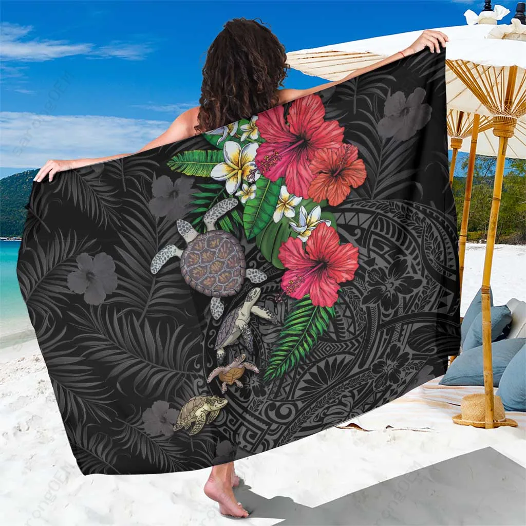 Blue Hawaiian Tropical Plants & Turtles Sarong Polynesian Art Motifs Beach Wrap Wholesale Pareo - main view