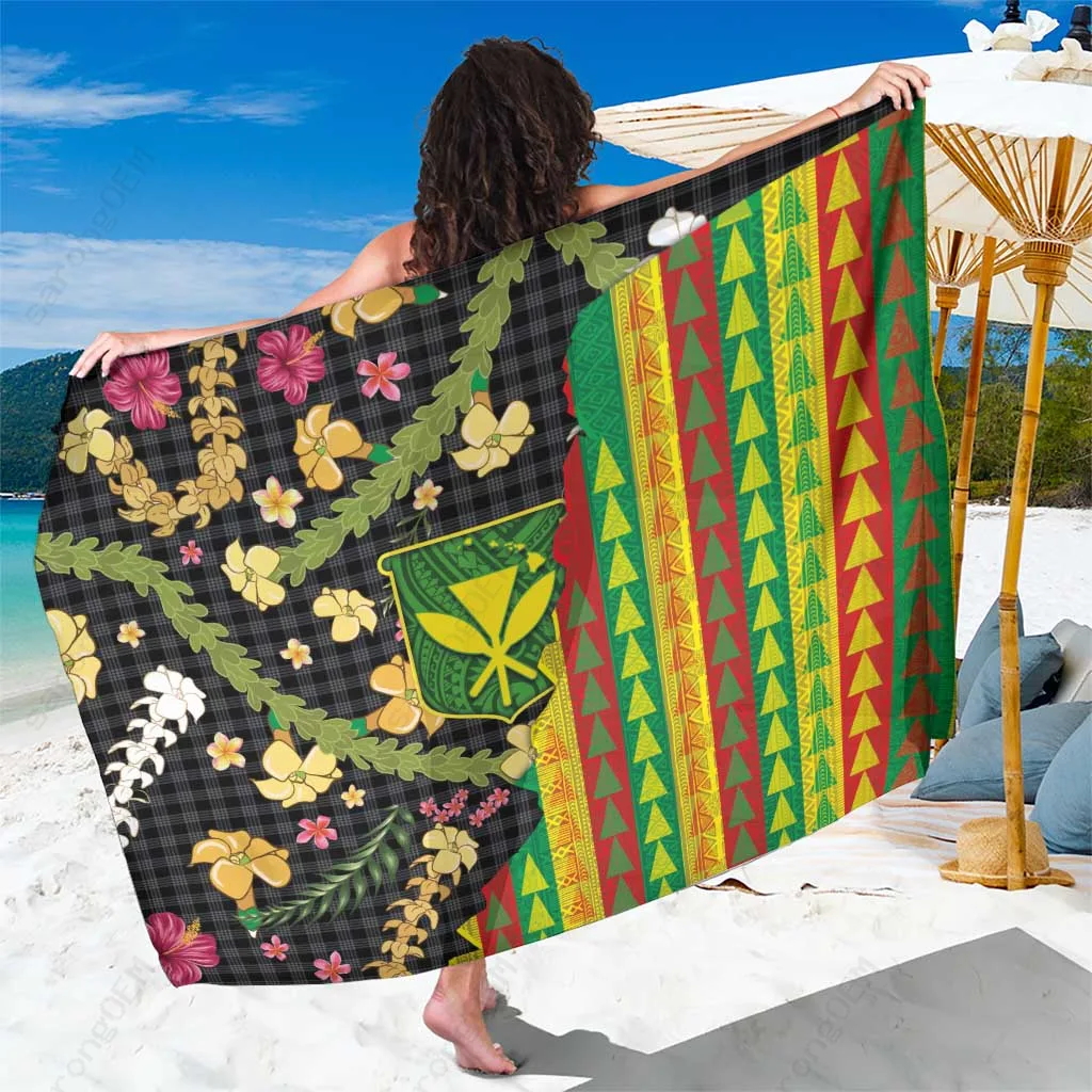 Black Kanaka Maoli Tribal Palaka Motifs Palm Print Sarong Hawaiian Tropical Beach Wrap Pareo Wholesale - main view