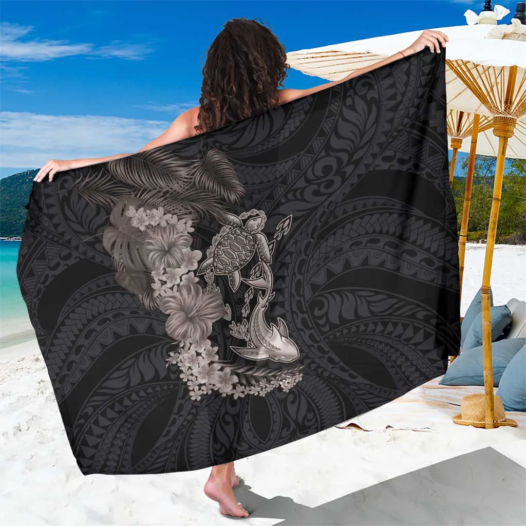 Gray Hawaiian Tropical Plants Turtle & Shark Sarong Polynesian Art Tattoo Beach Wrap Wholesale Pareo - main view