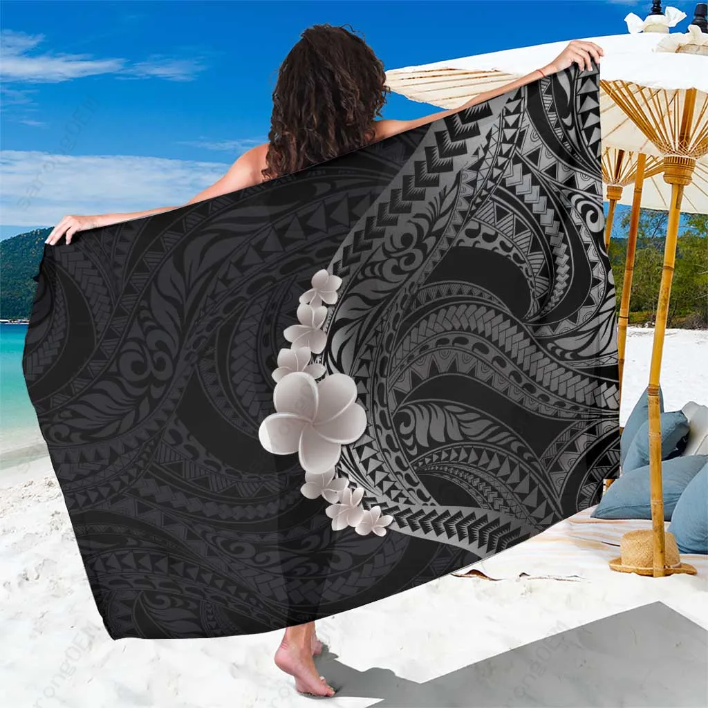 Gray Hawaiian Plumeria Tropical Polynesian Tattoo Floral Print Sarong Beach Wrap Skirt Wholesale Pareo - main view