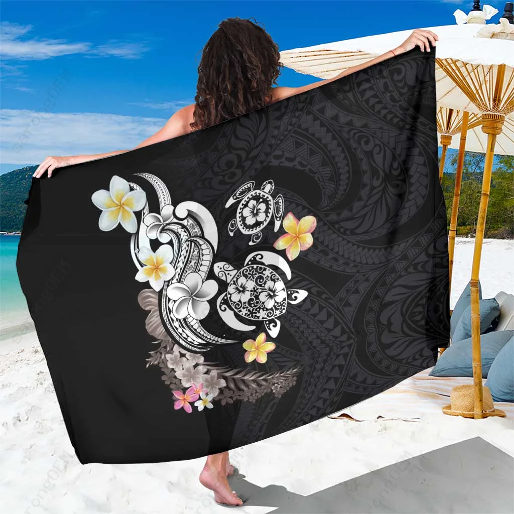 Blue Hawaiian Tropical Plumeria Turtles Sarong Polynesian Art Tattoo Beach Wrap Wholesale Pareo - main view