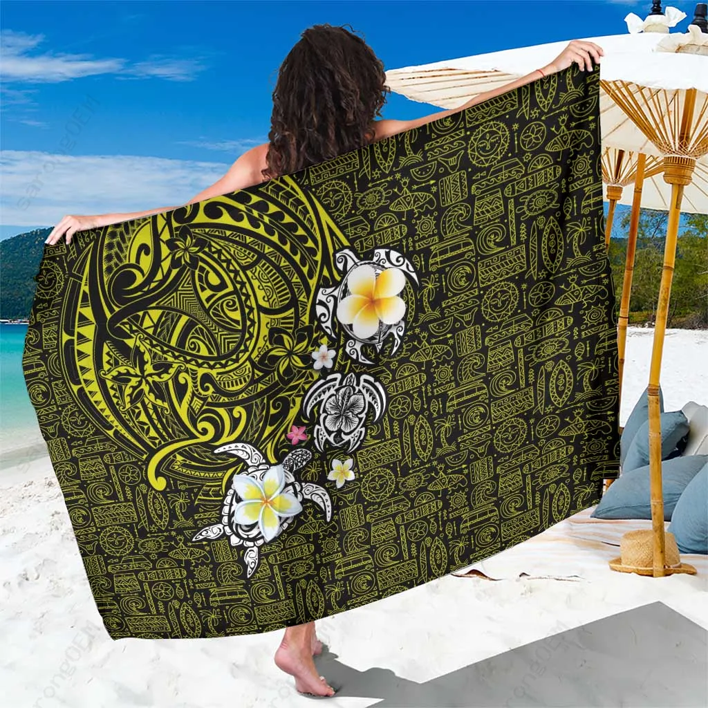 Yellow Hawaiian Turtle & Plumeria Tribal Print Sarong Polynesian Beach Wrap Pareo Wholesale - main view