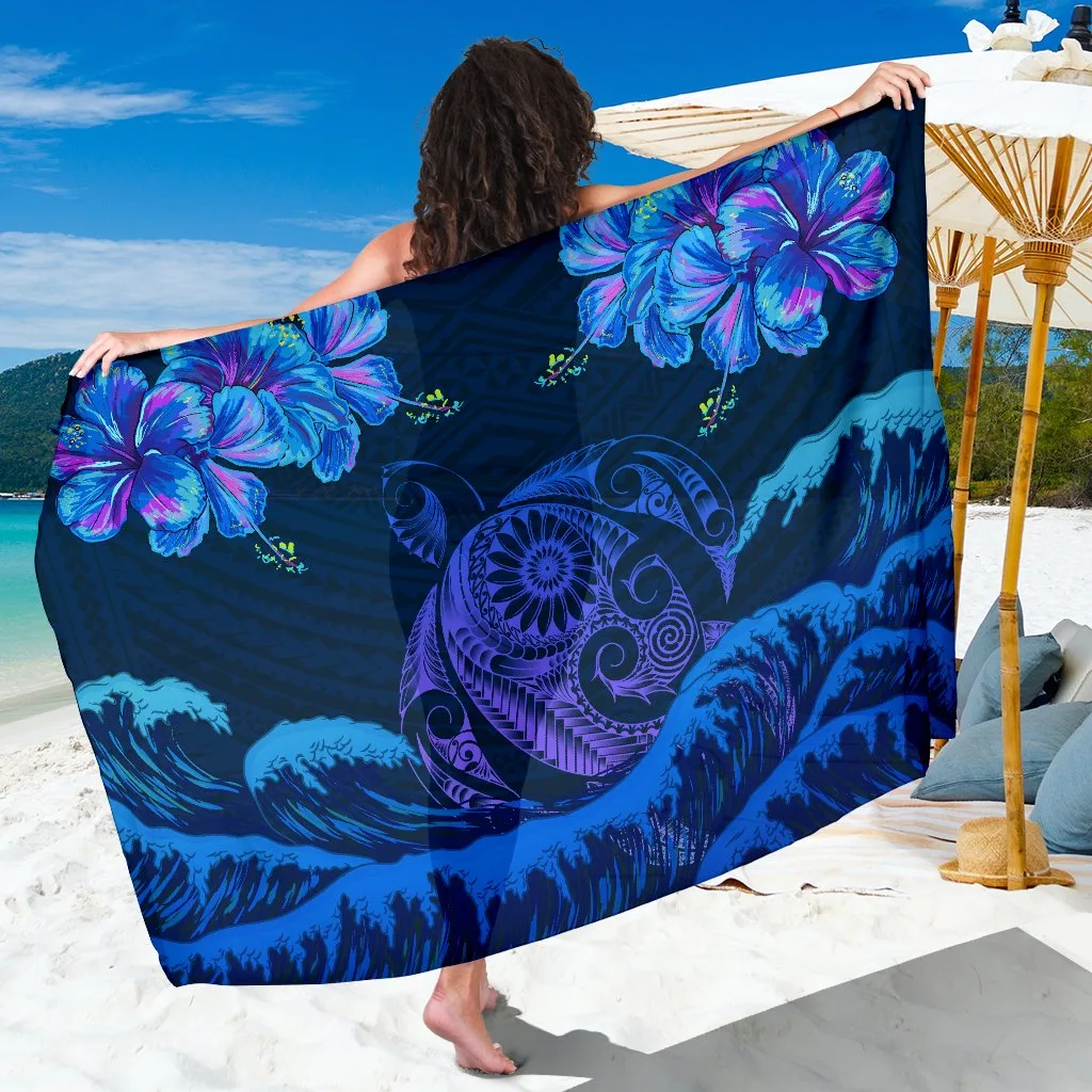 Light Blue Turtle Hibiscus Polynesian Tribal Print Sarong Beach Wrap Summer Island Cover Up Wholesale Pareo - main view