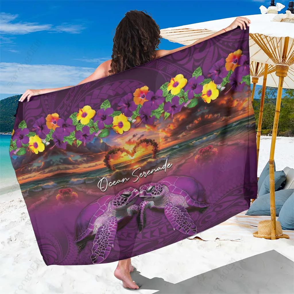 Purple Hawaiian Turtle Hibiscus Sunset Sarong Beach Wrap Pareo Tropical Island Cover Up Wholesale - main view