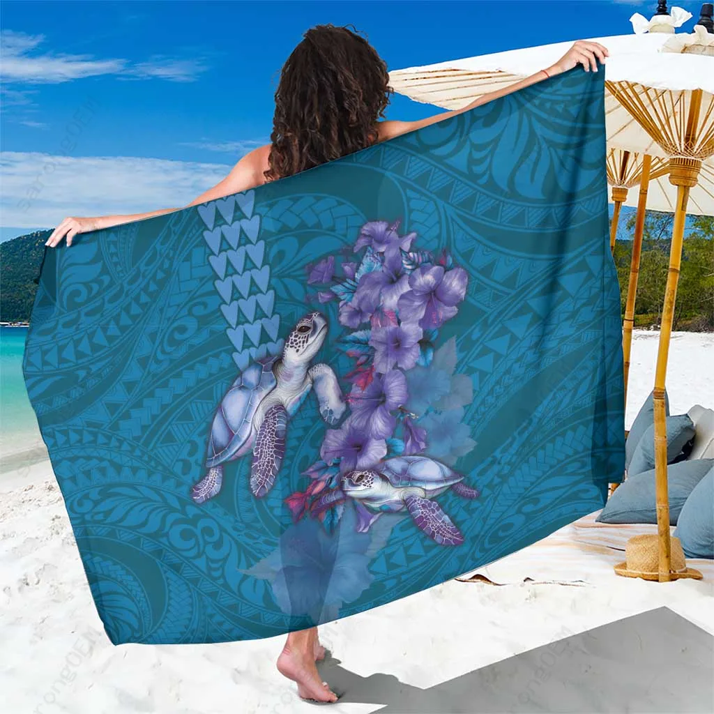 Sapphire Blue Hawaiian Turtle & Hibiscus Print Sarong Beach Wrap Polynesian Island Cover Up Wholesale Pareo - main view