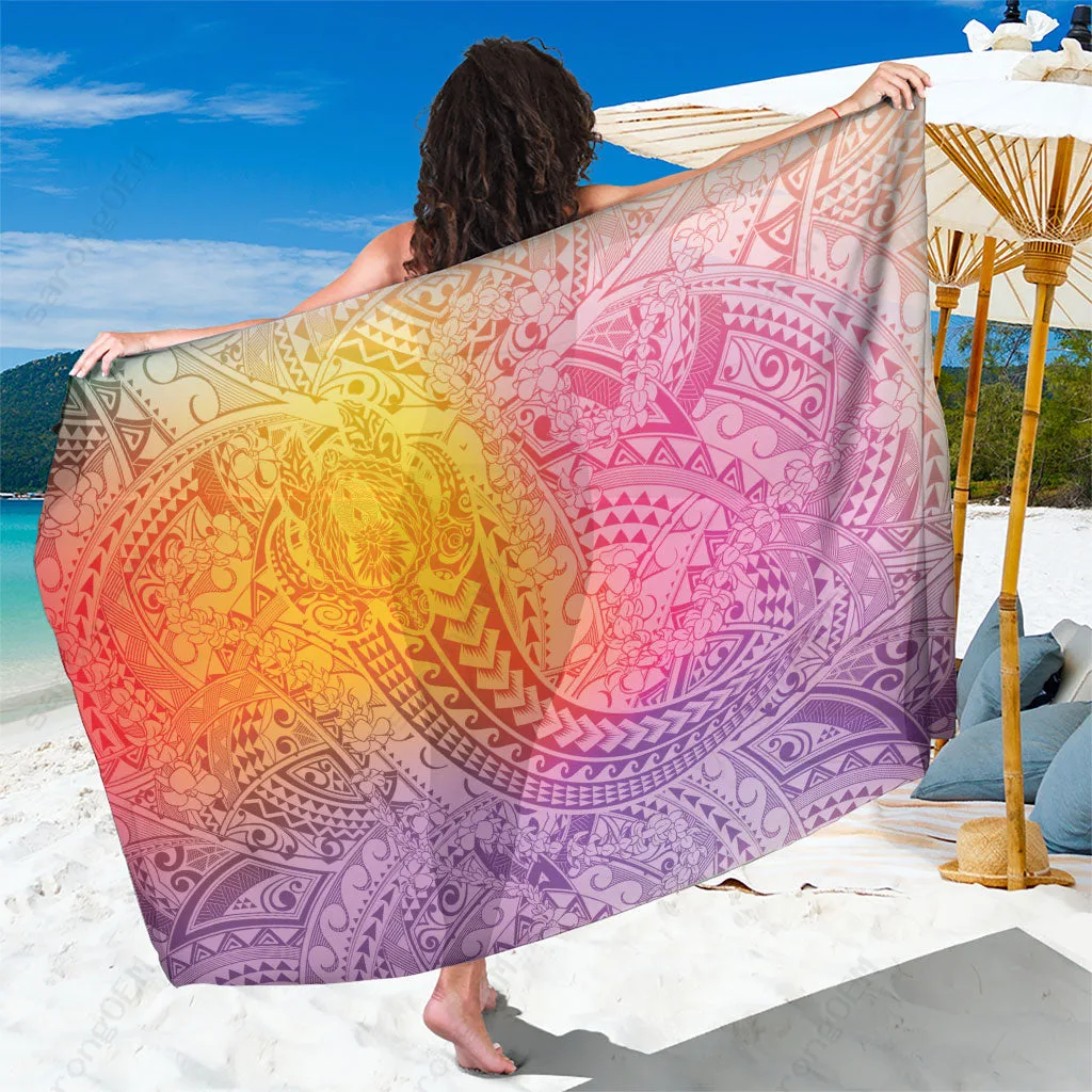 Rainbow Sky Blue Hawaiian Turtles & Leis Tribal Kakau Print Sarong Beach Wrap Wholesale Pareo - main view