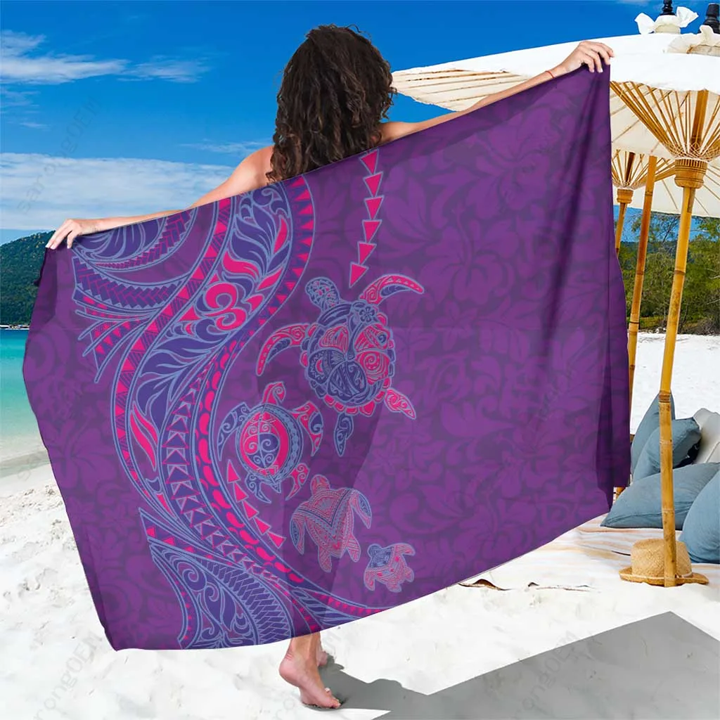 Dusky Violet Turtle Polynesian Tattoo Hibiscus Print Sarong Beach Wrap Summer Resort Cover Up Wholesale Pareo - main view