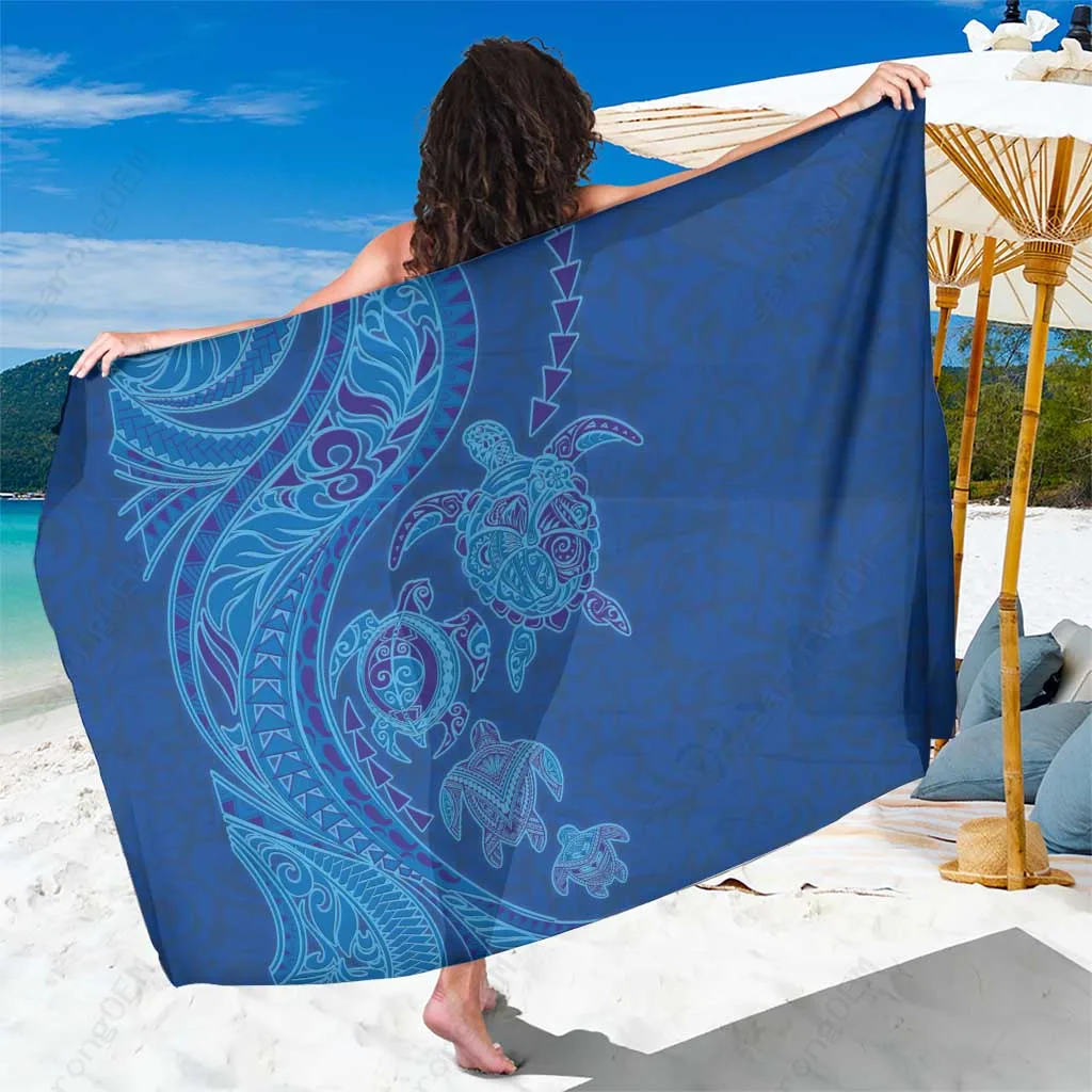 Ocean Blue Turtles & Polynesian Art Tattoo Sarong Beach Wrap Summer Hawaii Resort Cover Up Wholesale Pareo - main view