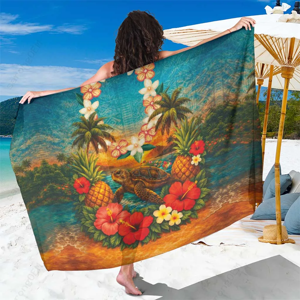 Navy Hawaiian Turtles Pineapple Hibiscus Print Sarong Beach Wrap Tropical Island Resort Pareo Wholesale - main view