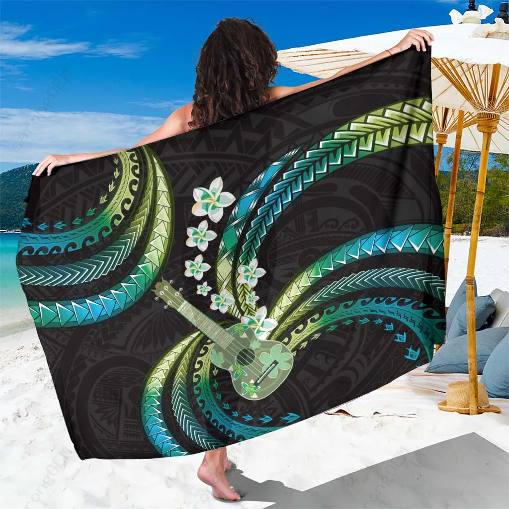 Cyan Hawaiian Ukulele Plumeria Print Sarong Tropical Island Beach Wrap Wholesale Pareo - main view