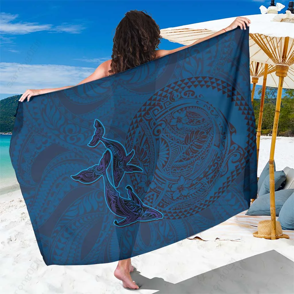 Blue Hawaiian Polynesian Whales Totem Mandala Print Sarong Beach Wrap Summer Resort Cover Up Wholesale Pareo - main view