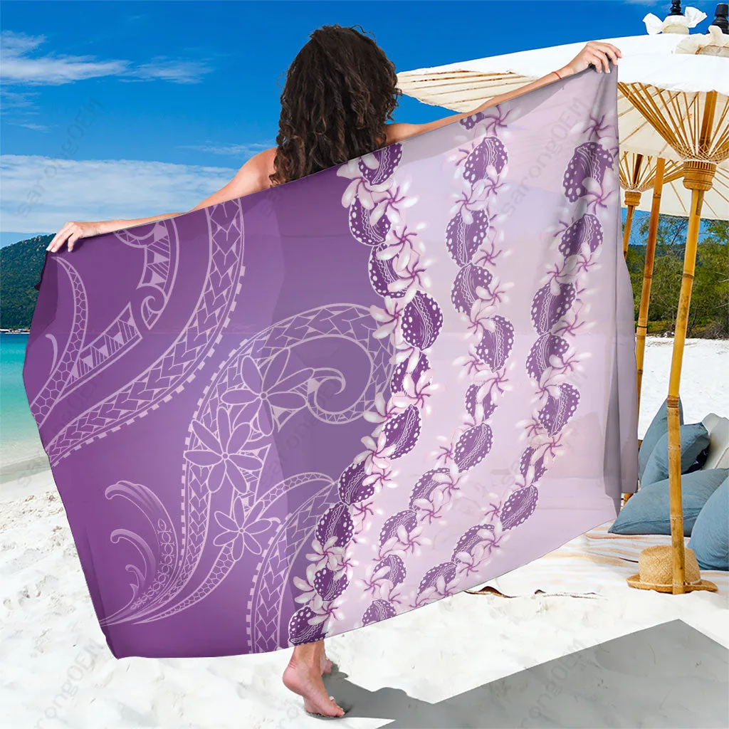 Purple Polynesian Tiare Maori Cowrie Lei Floral Print Sarong Beach Wrap Tropical Resort Pareo Wholesale - main view
