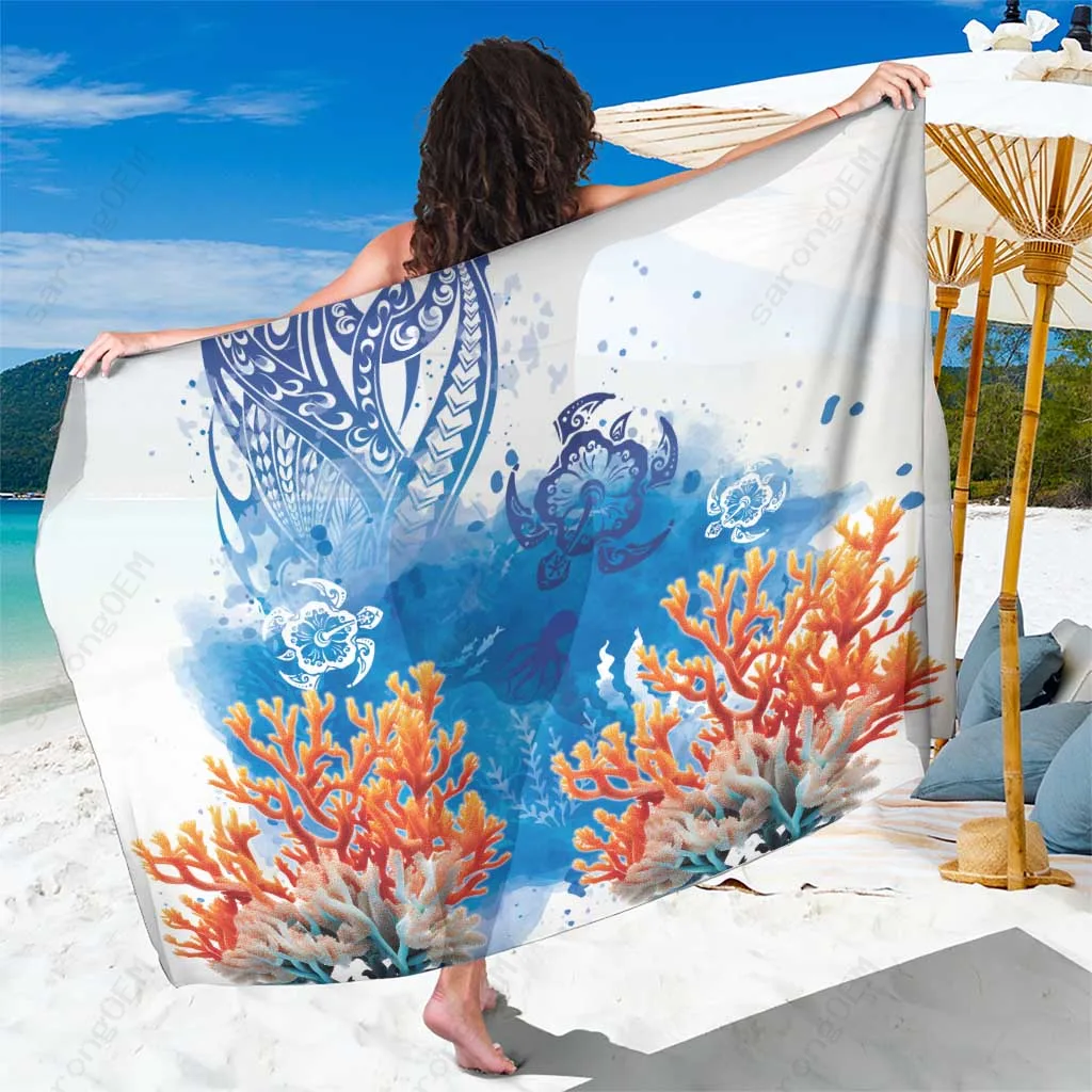 Black Hibiscus Turtle Polynesian Tribal Print Sarong Beach Wrap Wholesale Pareo - main view