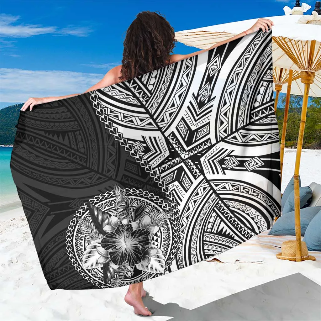 Black Hibiscus Austronesian Tattoo Pattern Sarong Polynesian Beach Wrap Pareo Wholesale - main view