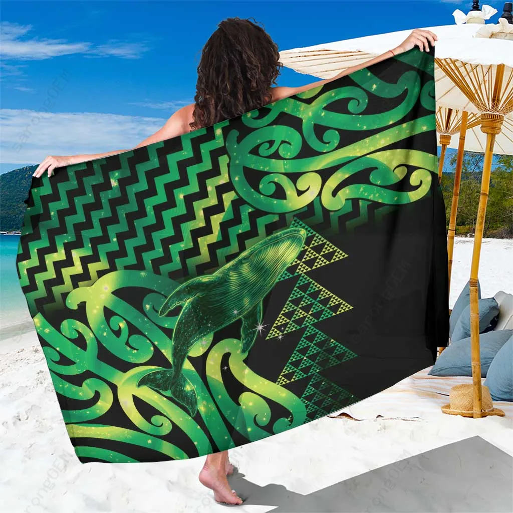 Green Humpback Whale Maori Poutama Sarong Polynesian Beach Wrap Resort Cover Up Wholesale Lavalava