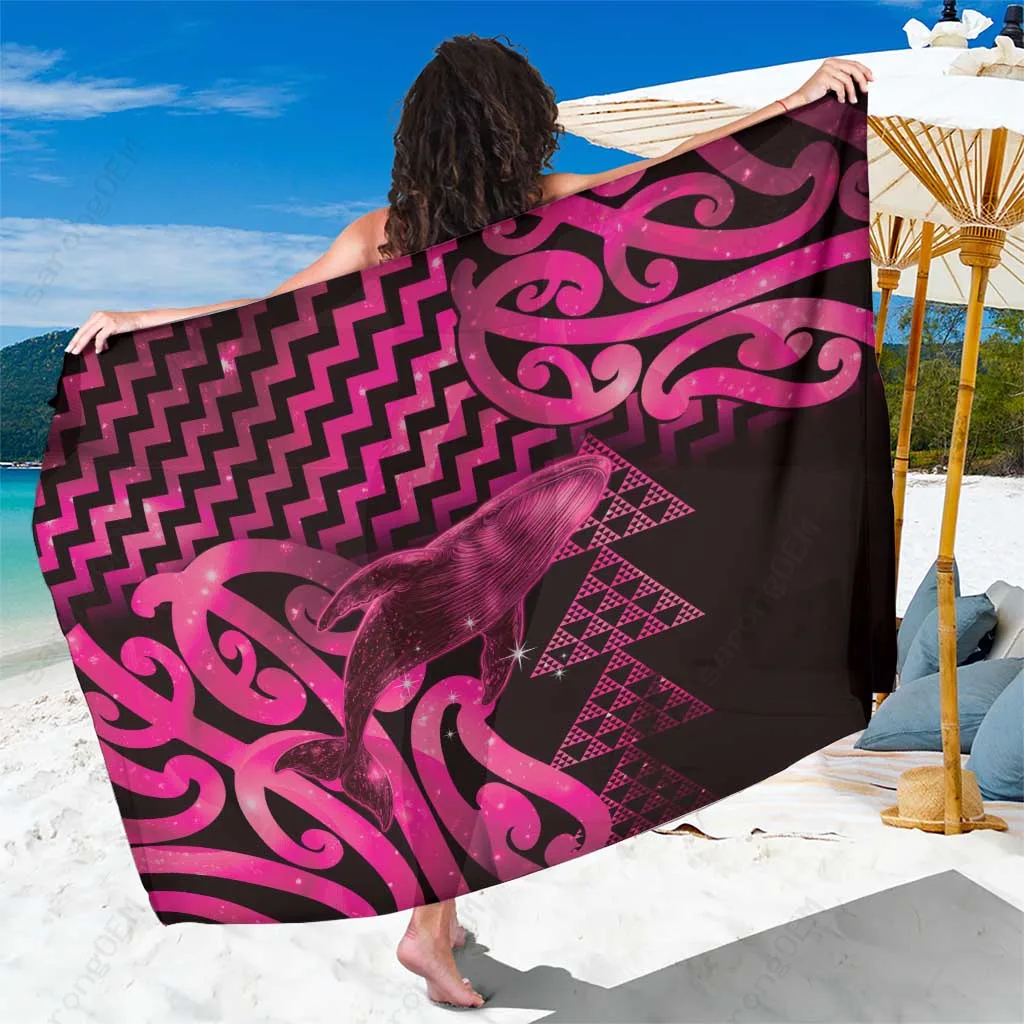 Pink Humpback Whale Maori Poutama Sarong Polynesian Beach Wrap Pareo Wholesale Custom