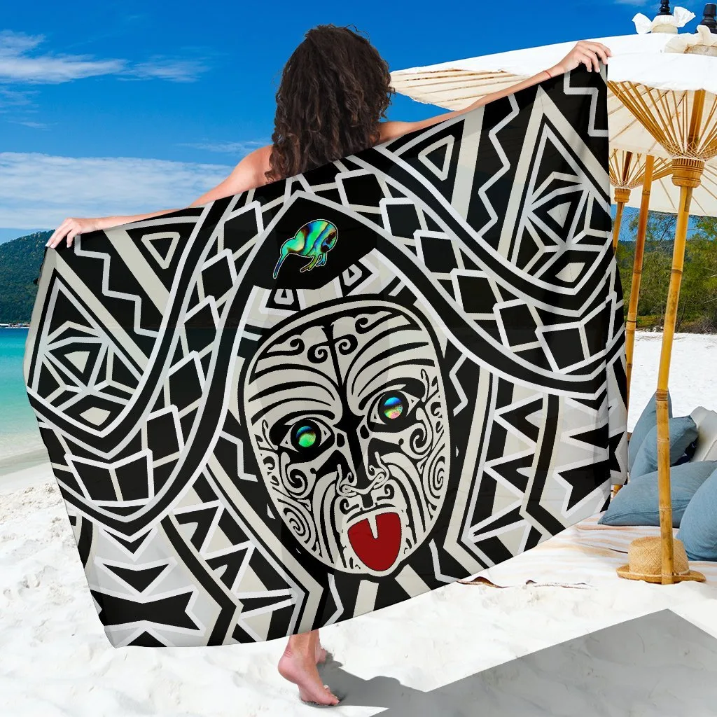 Black Maori Ta Moko Kiwi & Paua Shell Print Sarong Polynesian Beach Wrap Wholesale Pareo - main view