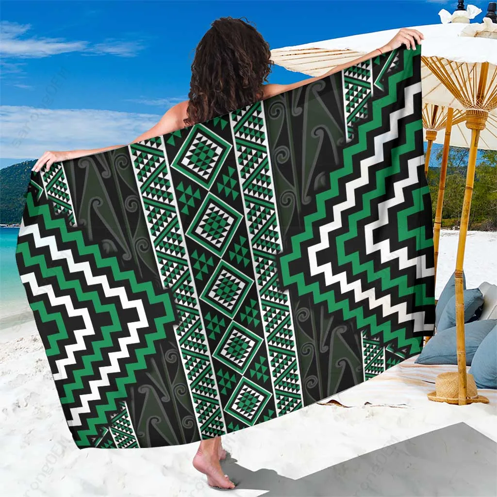 Green Tukutuku Pattern Niho Taniwha & Puhoro Motifs Sarong Polynesian Beach Wrap for Resort Hotel Custom OEM Wholesale Pareo - main view