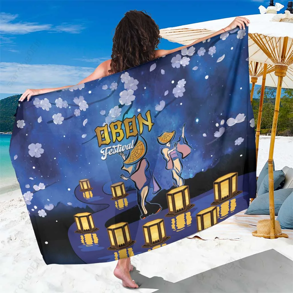 Pink Sakura Lanterns Bon Dance Sarong Japanese Summer Festival Print Beach Wrap Pareo Wholesale - main view