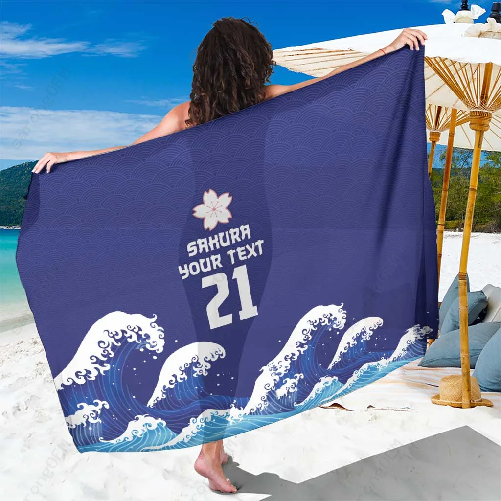 Navy Blue Japanese Wave Pattern Sarong Custom Beach Wrap Pareo Resort Cover Up Wholesale - main view