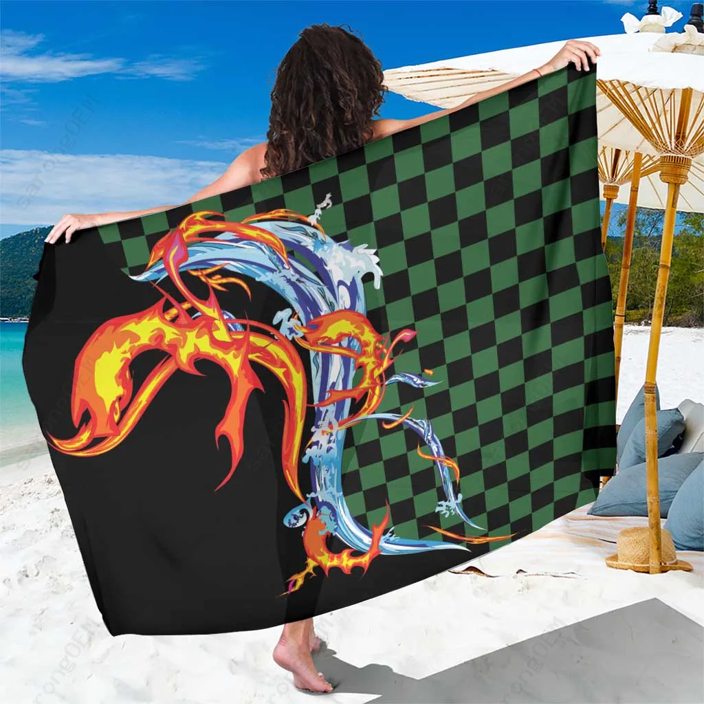 Red Japanese Asanoha Sun Flame Sarong Print Tropical Island Beach Wrap Wholesale Pareo
