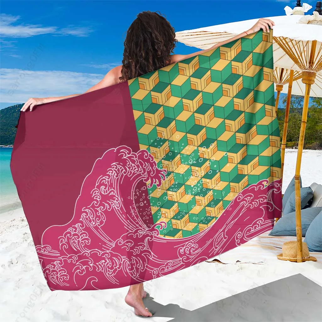 Japanese Bishamon Kikkou Pattern Sarong Water Pillar Silent River Flow Print Beach Wrap Pareo Wholesale - related