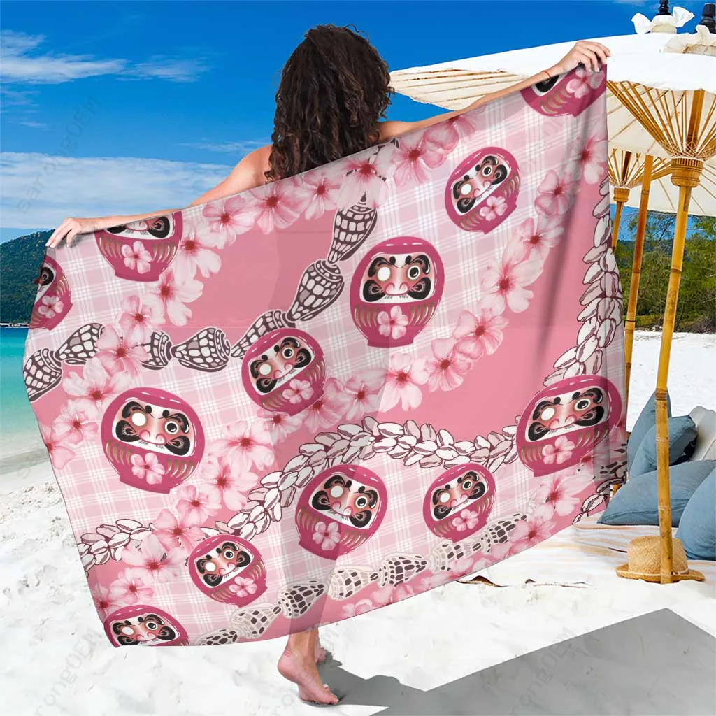 Shell Pink Japanese Daruma Doll Sakura Shell Print Sarong Beach Wrap Polynesian Island Cover Up Wholesale Pareo - main view