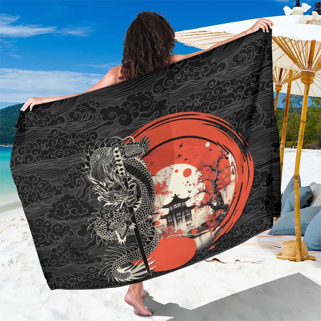 Black Japanese Dragon Katana Enso Pagoda Seamless Cloud Print Sarong Samurai Beach Wrap Wholesale Pareo - main view