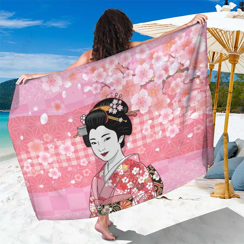 Pink Japanese Geisha Cherry Blossom Palaka Hawaii Fusion Print Sarong Beach Wrap Cover Up Wholesale Pareo