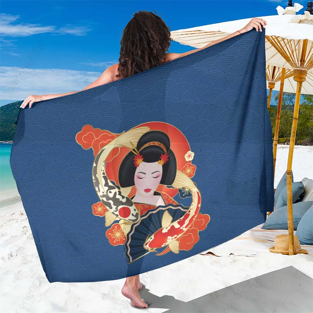 Blue Japanese Geisha Koi Fish Sarong Cherry Blossoms Seigaiha Pattern Beach Wrap Pareo Wholesale - main view
