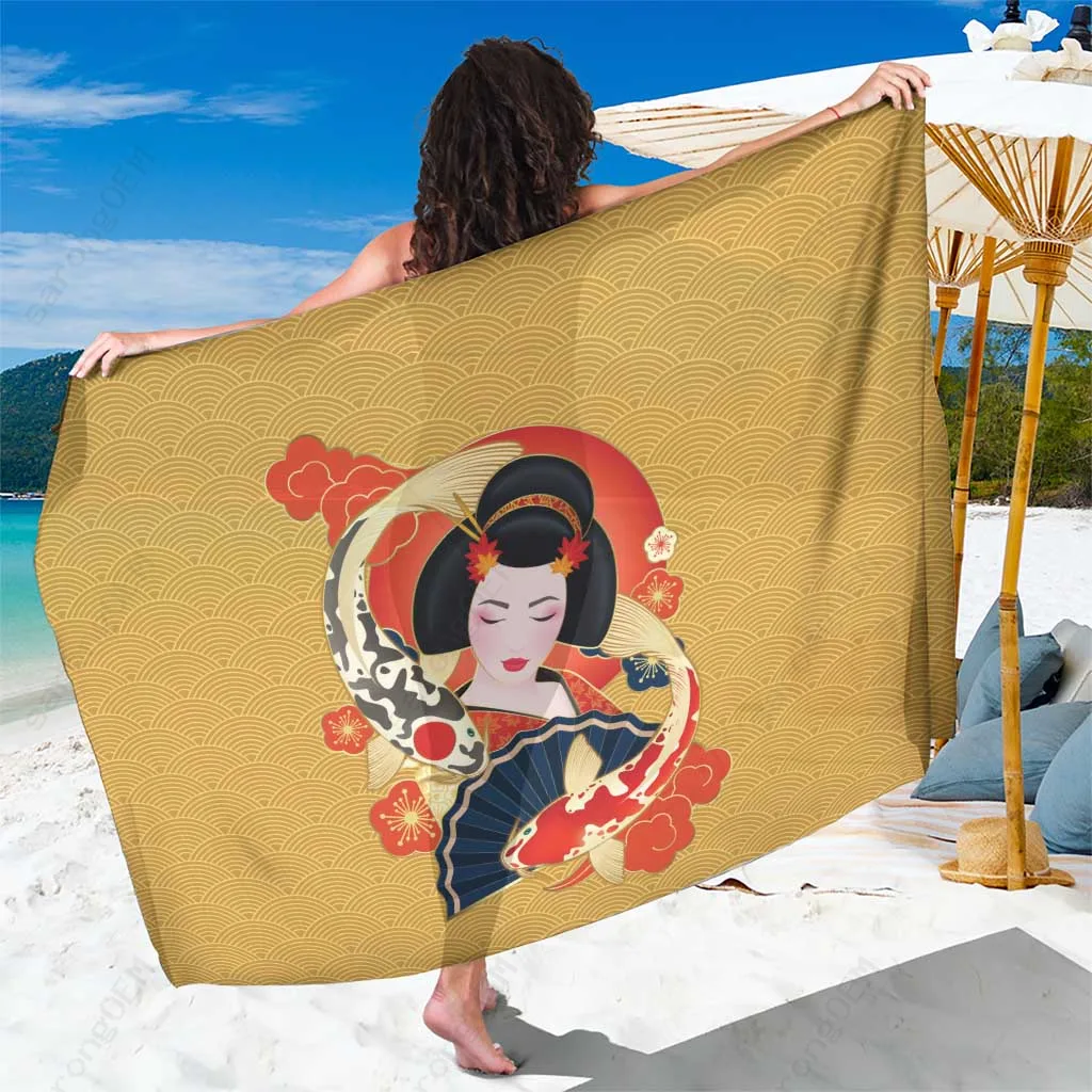 Yellow Japanese Geisha Koi Fish Sarong Cherry Blossoms Seigaiha Print Rayon Beach Wrap Resort Cover Up Wholesale Pareo - main view