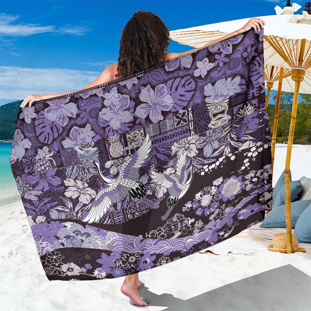 Purple Japanese Crane Tapa Patchwork Print Sarong Hawaiian Polynesian Beach Wrap Cover Up Wholesale Pareo - main view