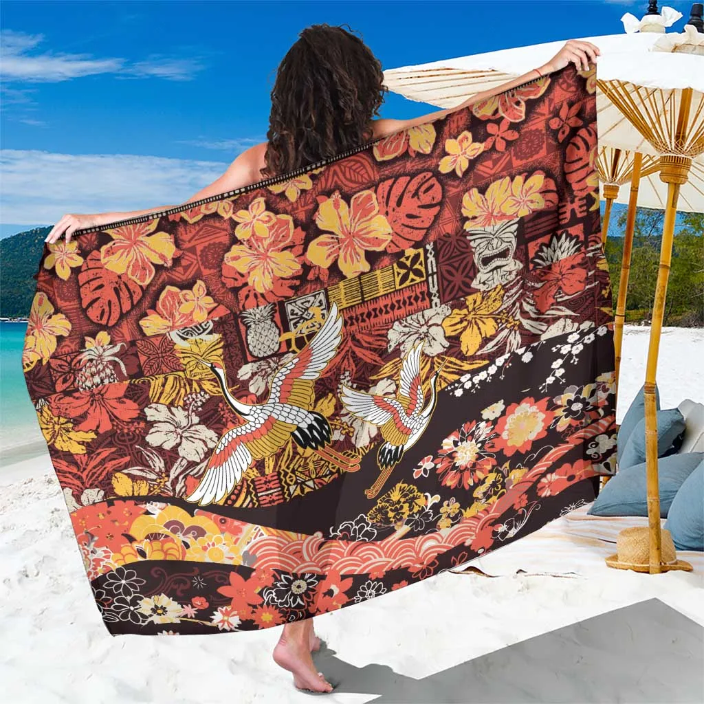 Yellow Ochre Japanese Crane Hawaiian Tapa Patchwork Print Sarong Beach Wrap Pareo Wholesale - main view