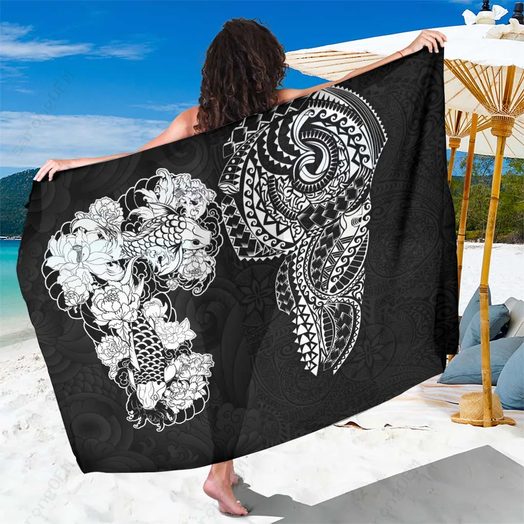 Black Viscose Sarong with Polynesian Tribal Turtle & Hibiscus Print Hawaiian Beach Wrap Pareo Wholesale - main view