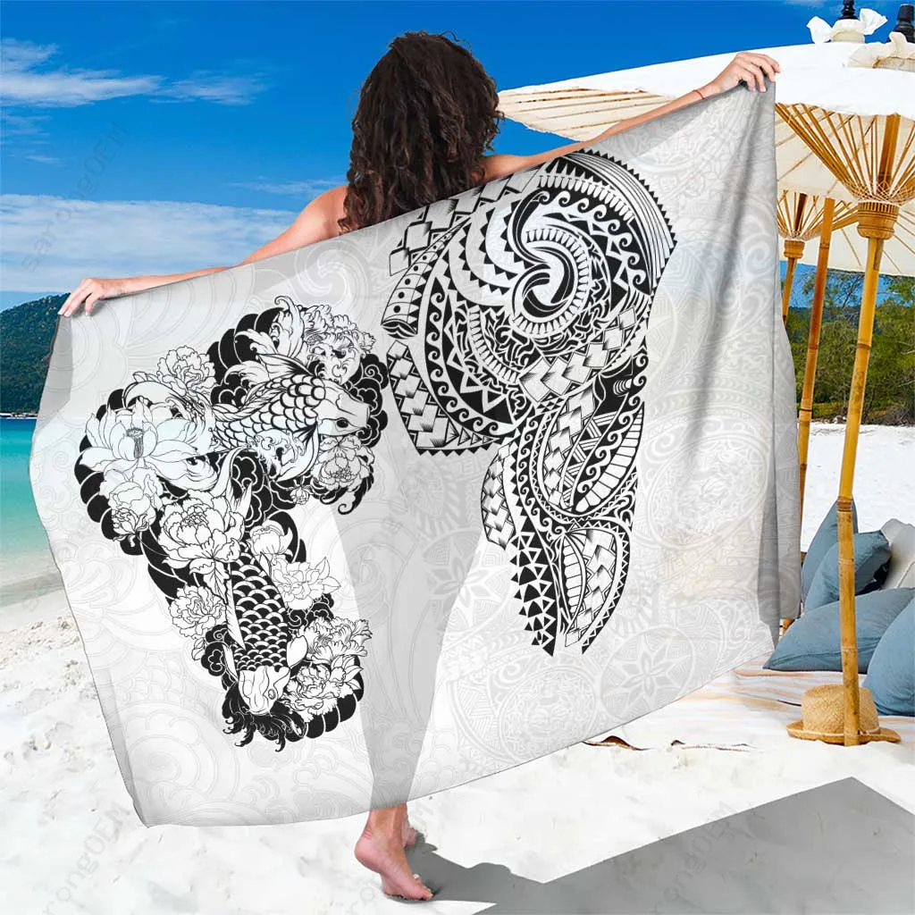 White Japanese Irezumi Hawaiian Polynesian Tattoo Print Sarong Beach Wrap Cover Up Wholesale Pareo