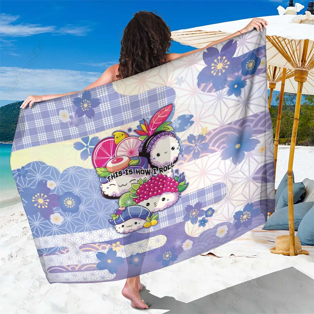 Blue Japanese Kawaii Sushi Wagara Palaka Print Sarong Beach Wrap Pareo for Resort Wholesale - main view