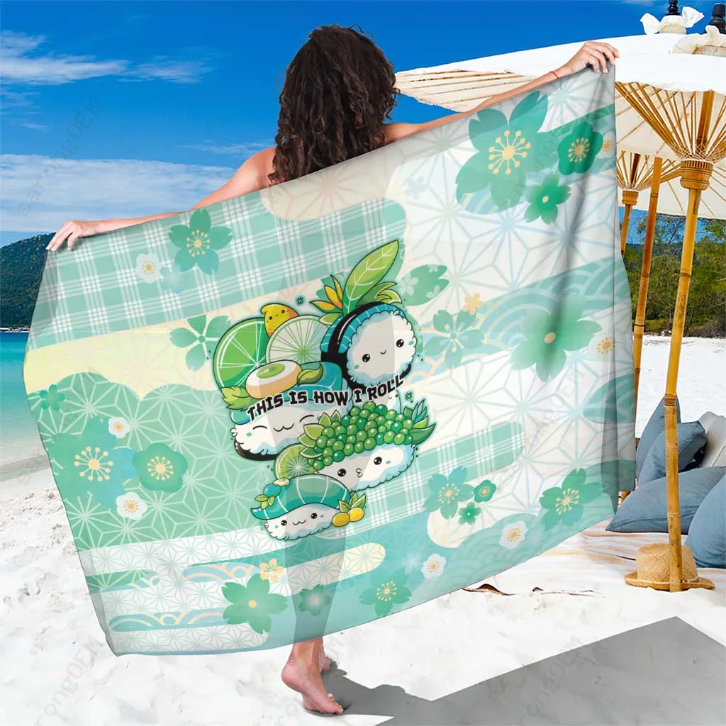 Green Japanese Kawaii Sushi Wagara Palaka Print Sarong Summer Beach Wrap Pareo for Resort OEM - main view