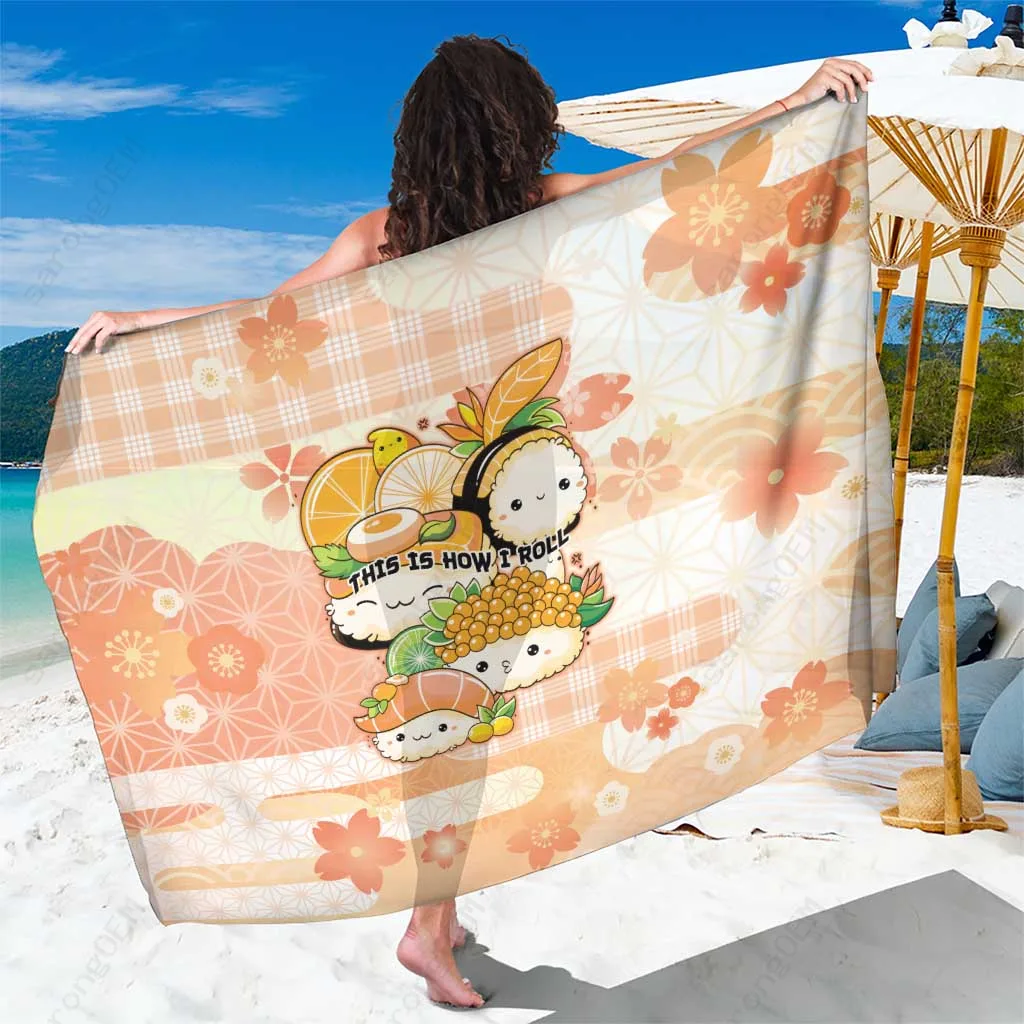 Pink Sushi Peach Wagara Palaka Print Sarong Japanese Kawaii Beach Wrap Wholesale Pareo - main view