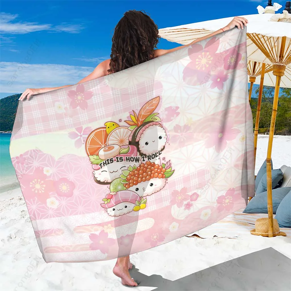 Pink Japanese Kawaii Sushi Wagara Palaka Print Sarong Beach Wrap Cover Up for Resort Hotel Wholesale Pareo - main view