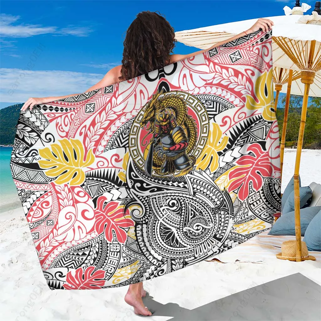 Colorful Japanese Samurai Warrior Polynesian Tattoo Style Sarong Beach Wrap Resort Pool Cover Up Wholesale Pareo - main view