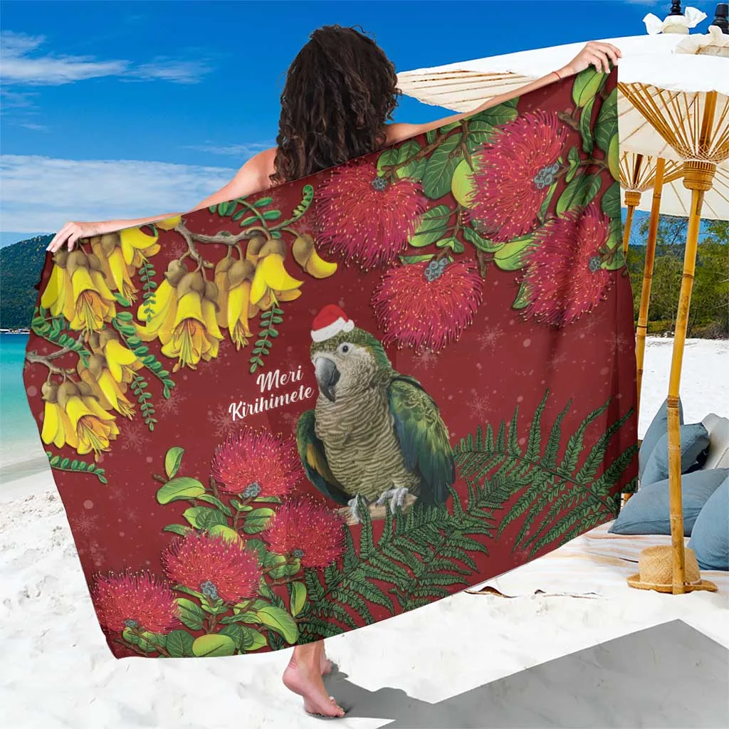 Red Floral Kakapo Bird Christmas Print Sarong New Zealand Style Holiday Beach Wrap Pareo Wholesale - main view