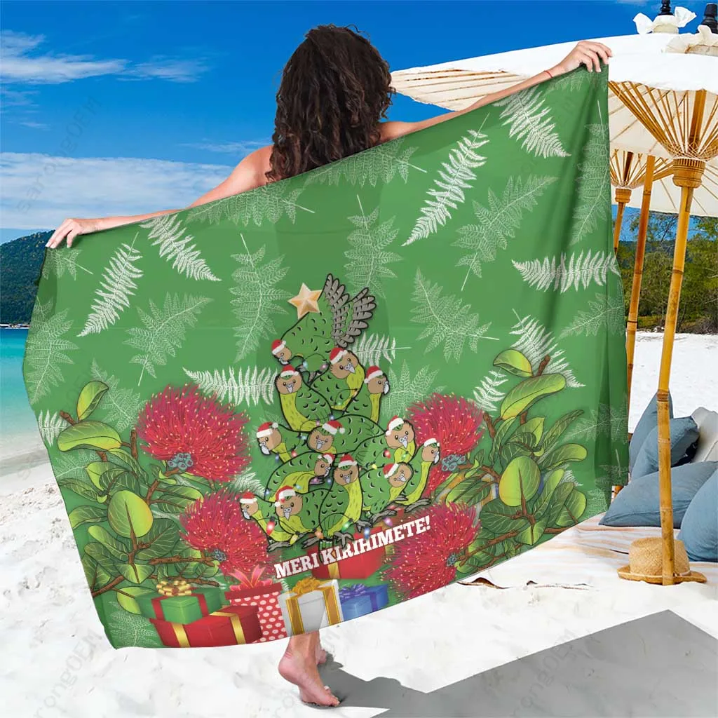 Christmas Green Pohutukawa Flower Gold Tribal Print Sarong Maori Kiwi Culture Beach Wrap Pareo Wholesale - main view