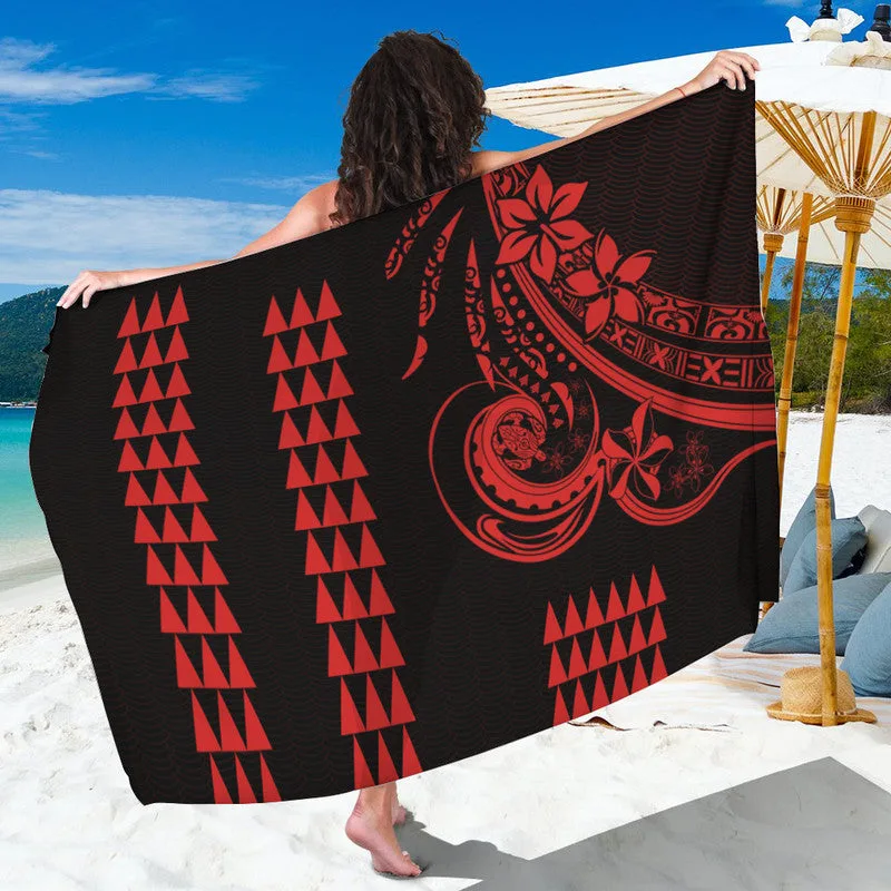 Red Kakau Hawaiian Polynesian Sarong with Gold Tribal Turtle Hibiscus Print Beach Wrap Pareo for Resort Hotel Wholesale - main view